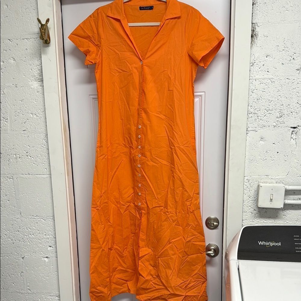 LA PLAGE Orange Midi Sundress with Notched Collar - Button Down - NWOT - Small